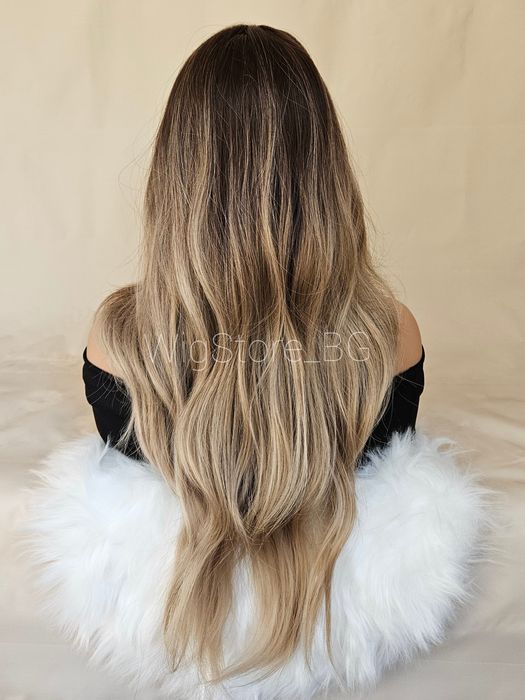 Дълга на вълни кестенява перука омбре без бретон