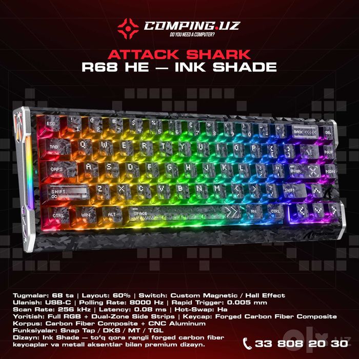 ATTACK SHARK R68 HE Carbon Fiber Rapid Triger Keyboard Magnetic Switch