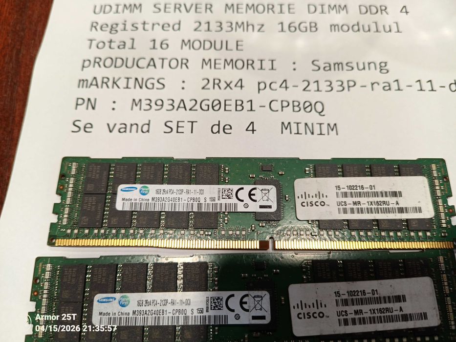 UDIMM SERVER MEMORIE DIMM DDR 4 Registred 2133Mhz 16GB modulul