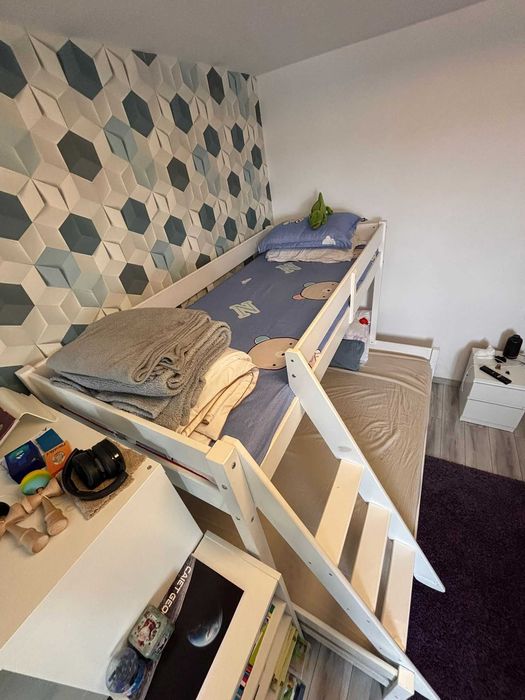 Pat etajat Lemn Masiv + cutie depozitare sub pat + saltea 90x200