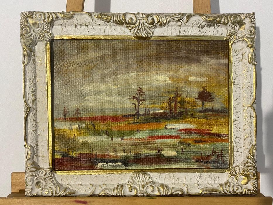Tablou cu Ramă din Lemn 50x40 cm, Pictură Ulei pe Pânză, Peisaj Rural