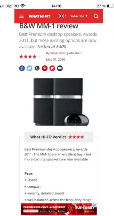 Bowers&Wilkins MM1 Boxe ACTIVE Audiophile cu Tweeter Nautilus PUTERE 4x18W-RMS Preț de MAGAZIN 547$