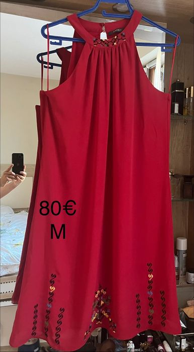Червена рокля с ръчна бродерия , размер М , esprit, фолклор , носия