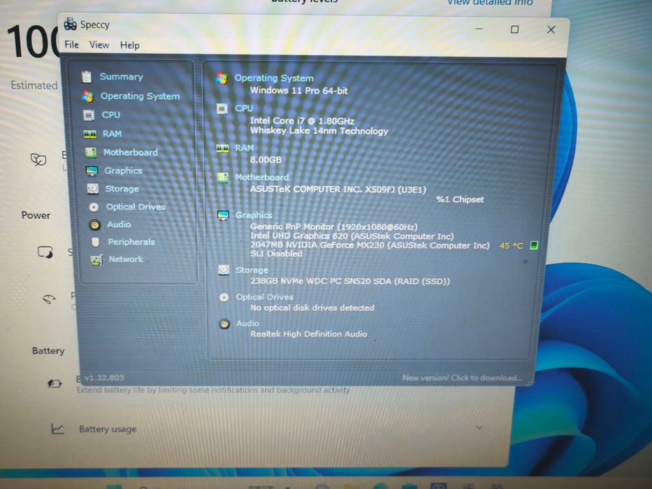 Laptop ASUS X509 i7 8565U 8gb 256 gb ssd nvidia mx230