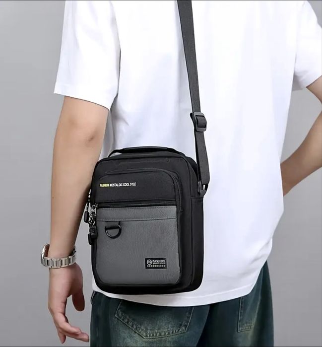 Мъжка удобна и универсална чанта с презрамки/Черен найлон -15%Промоция