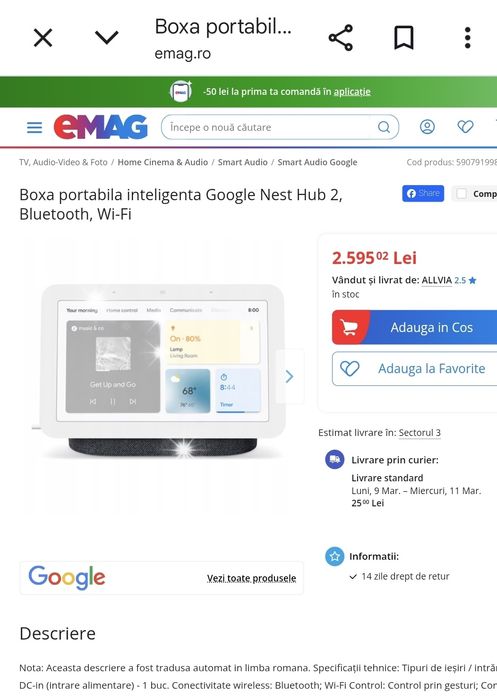 Ca NOU Google NEST Hub  2 Gen  IMPECABIL Pret FIX !