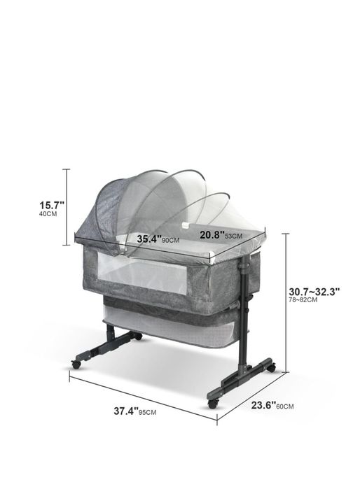 Pătuț Co-Sleeper Reglabil pentru Bebeluşi, Poliester + Metal, cu Roti și Coș