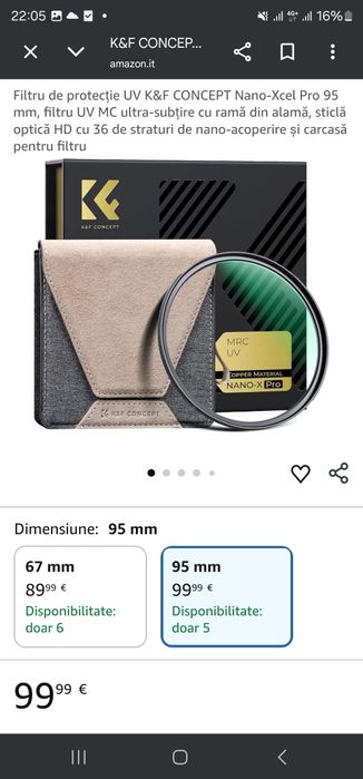 Filtru de protecție UV K&F CONCEPT Nano-Xcel Pro 95 mm, filtru UV MC ultra-subțire cu ramă din alamă, sticlă optică HD cu 36 de straturi de nano-acope