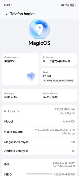 Honor X 50. 12+256 Gb. 5 G juda maxkam telefon