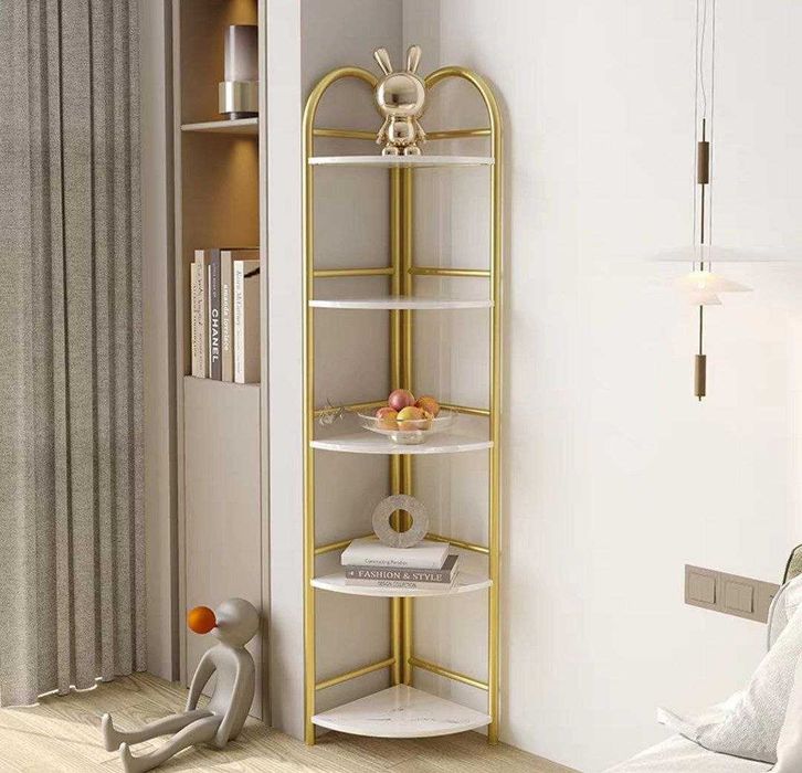Стеллаж угловой напольный этажерка угловая полка золотая металлическая