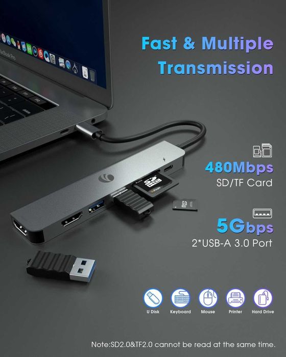 VCOM 7-в-1 USB C хъб два монитора с 4K HDMI 1080P HDMI 2*USB 3.0 данни