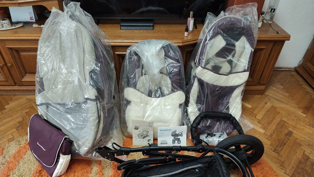 Carucior 3 în 1 Kraus Clasic Beige Purple, Krausman, testat ADAC +cadou măsuță