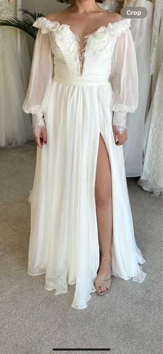 Rochie mireasă BOHO din mătase naturală, linie A, umeri goi, șliț + voal, potrivita pentru XS/34, S/36 sau M/38