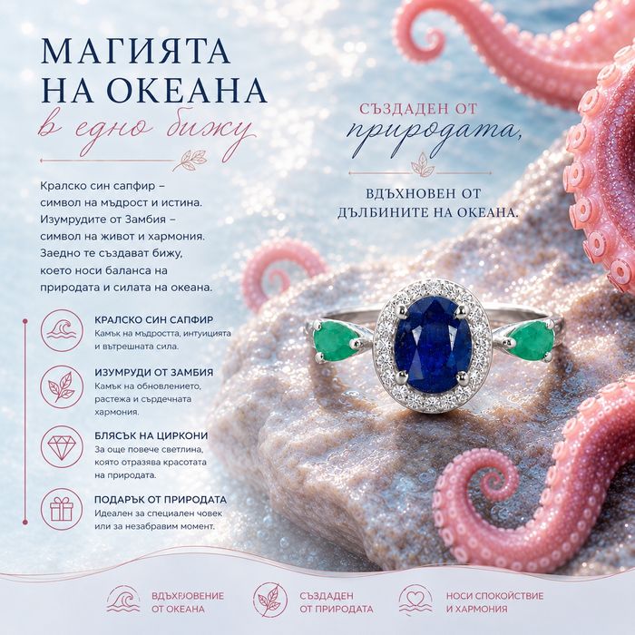 Сребърен пръстен с голям Сапфир Royal Blue и Изумруди със сертификат