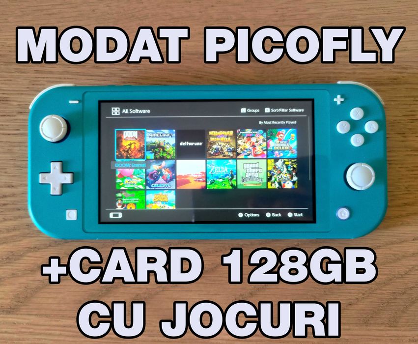 Nintendo Switch Lite MODAT +card microSD 128GB +jocuri HwFly PicoFly albastru