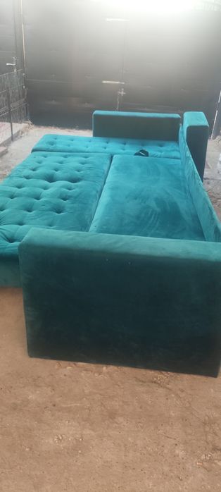Colțar extensibil catifea verde smarald | Ladă depozitare | 1200 lei