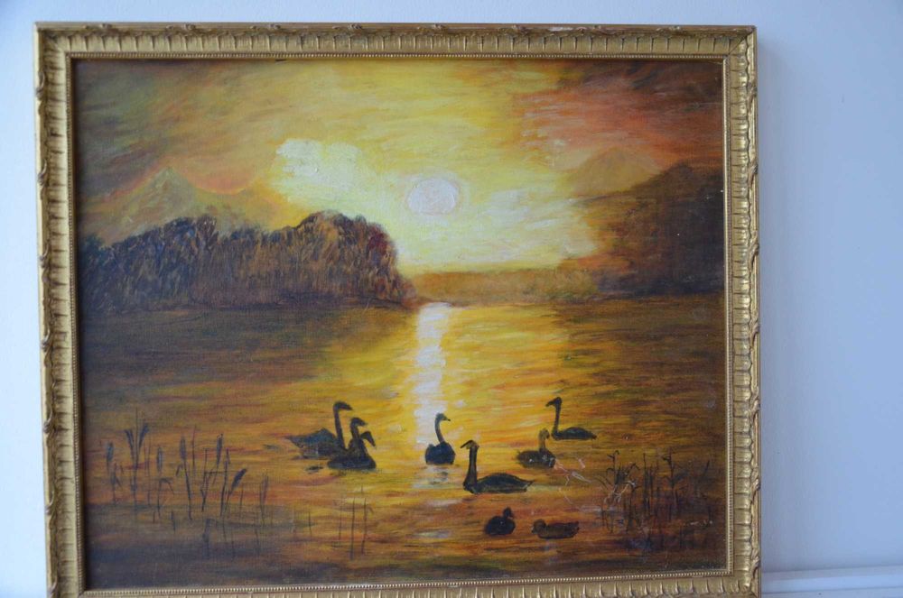 Tablou pictat ANGLIA anii 1960 / Pictutra pe panza / rama lemn aurie