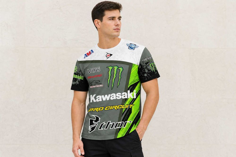 Мъжка тениска Kawasaki Racing Team Monster Energy Pro Circuit — motocross all-over принт, зелено със сиво и бяло
