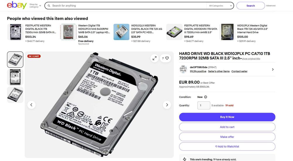ПРОДАМ 1TB WD Black 2.5" 7200RPM 32MB SATAIII / Жесткий диск НОУТБУКОВ
