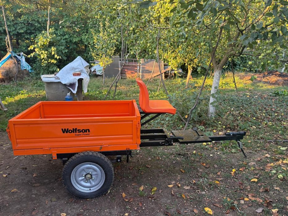 Remorcă motocultor Wolfson 500 kg, basculabilă, cu frână și suspensie