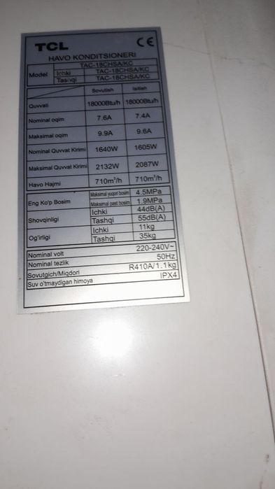 TCL konditsioner, kondyor, кондиционер TAC-18CHSA/KC