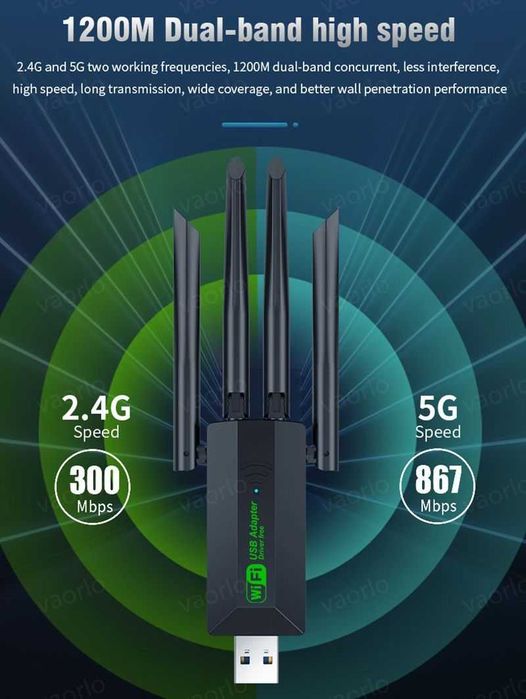 1200Mbps WiFi USB 3.0 адаптер двучестотен 2.4G+5Ghz  802.11AC компютър