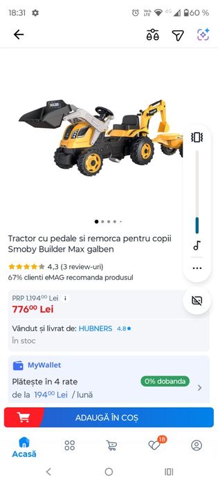 Tractor cu pedale și remorca pentru copii Smoby Builder Max