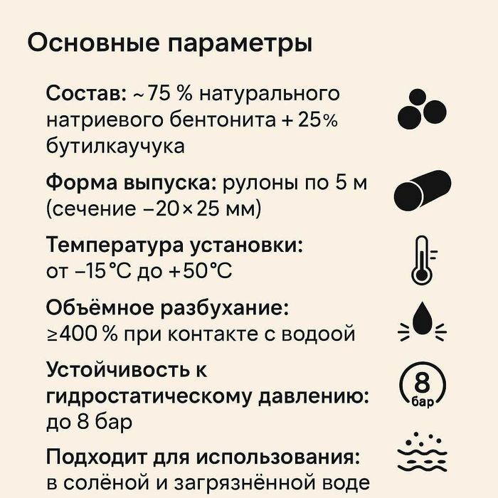 Бентонитовый шнур набухающая лента Расширение до 400% Бентизол. Россия