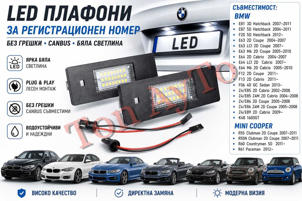 LED Лед Плафони За Регистрационен Номер БМВ Е81 Е87 F20 E63 F06 F12 F13 Z4 E85 / E86 / E89  K48 1600GT BMW / MINI COOPER R55 R60 R61
