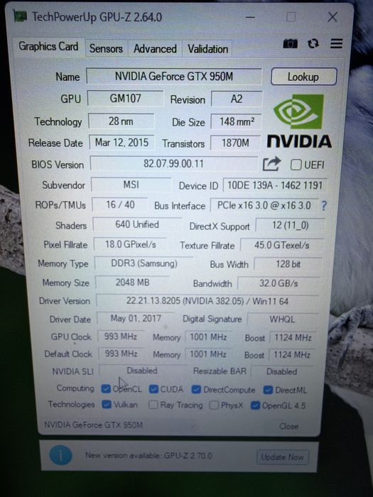 Laptop MSI Gaming i5 6gen 16g 512g nvme nVidia 2g 17 inch FHD