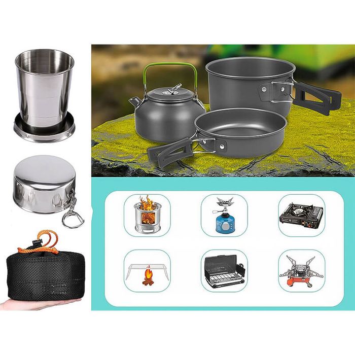 Къмпинг комплект за готвене, 18 части, лек комплект съдове и прибори