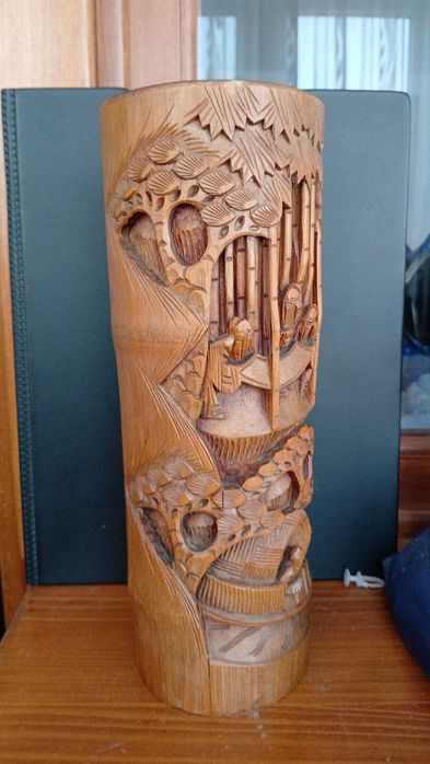 Vaza din lemn bambus sculptura deosebita