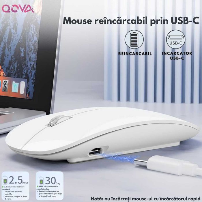 Mouse Wireless, Dual Mode Bluetooth 5.1 & 2.4GHz, Reincarcabil USB-C