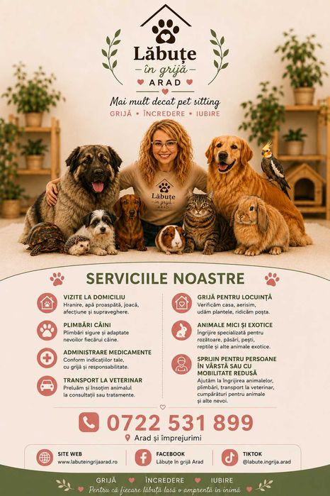 Pet sitter la domiciliul clientului, dog walker, transport animale, tratament veterinar de specialitate, animale exotice, verificare locuință