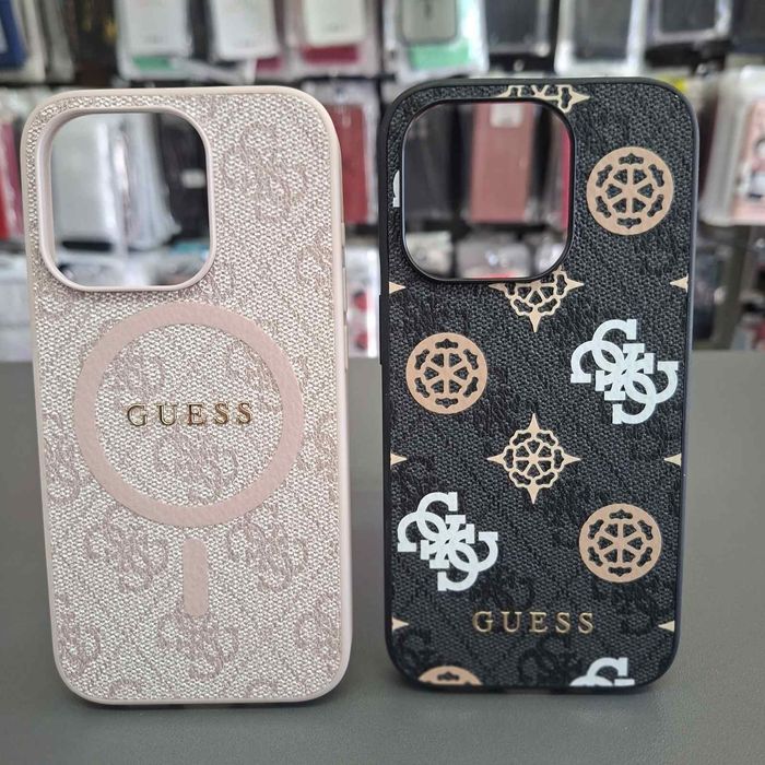 Оригинален кейс GUESS за iPhone 15 pro в розов цвят с вграден MagSafe кожен гръб за айфон 17