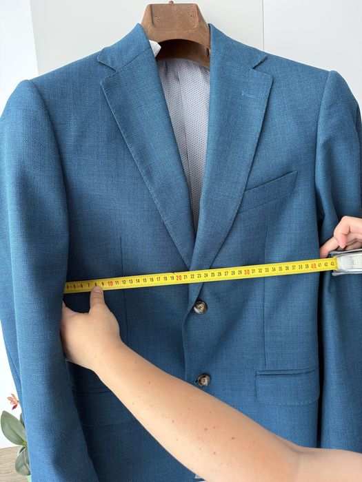 Sacou NOU Bigotti Vitale Barberis Canonico, model Canaletto marimea 48, turcoaz, uni, croi slim, 100% lana