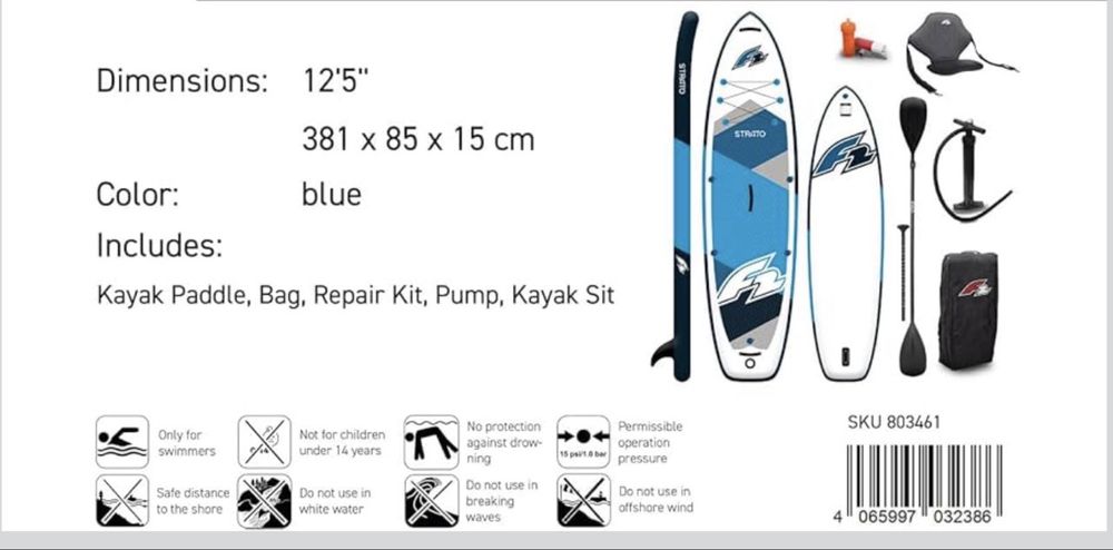 Placa SUP -board Paddleboard surf F2 STRATO 12,5 Blue (model 2026) 381 x 85 x 15 cm +accesorii suporta pana la 200kg
