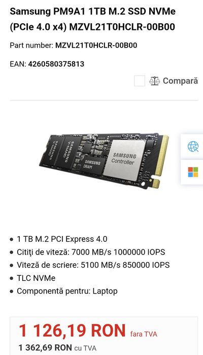 SSD nvme Samsung PM9A1 1TB, PCI Express 4.0 x4, M.2 2280 bulk nou