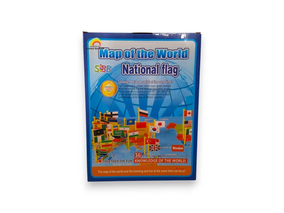 Harta Lumii din lemn cu 36 steaguri