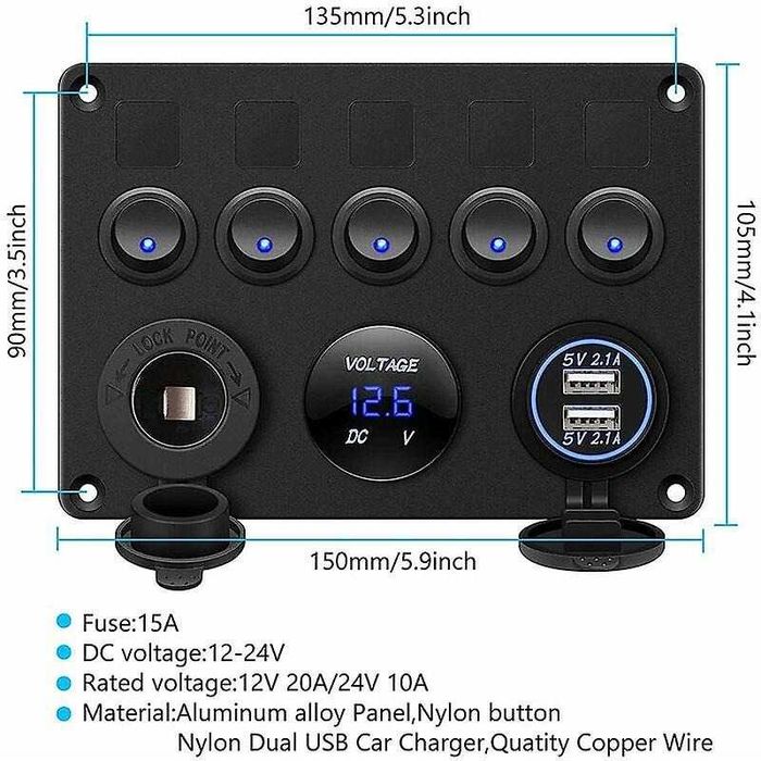 Панел за вграждане с 5 бутона, USB, 12V и волтметър