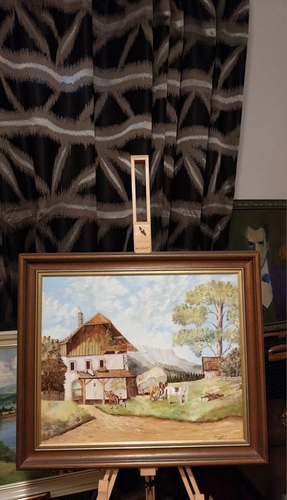 Ulei pe hardboard (1986) - Peisaj rural alpin Elveți/Austria– Semnat Hauser R.