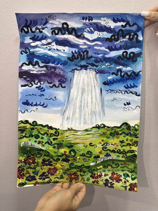 Картина А3, стилизованный пейзаж, смешанная техника