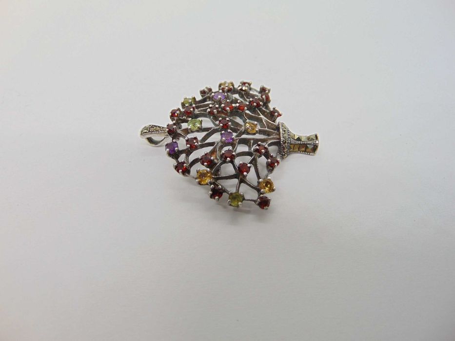 Brosa pandantiv din argint cu marcasite si pietre semi pretioase