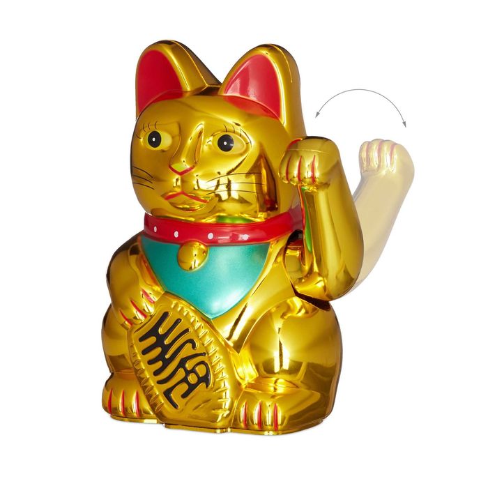 Maneki neko pisica norocoasa aurie cu brat mobil 16 cm decor feng shui
