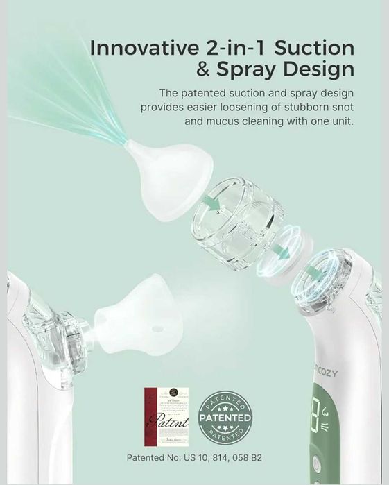 Momcozy BreezyClear™ акумулаторен назален аспиратор 2 в 1 със спрей и засмукване,медицински клас,нов