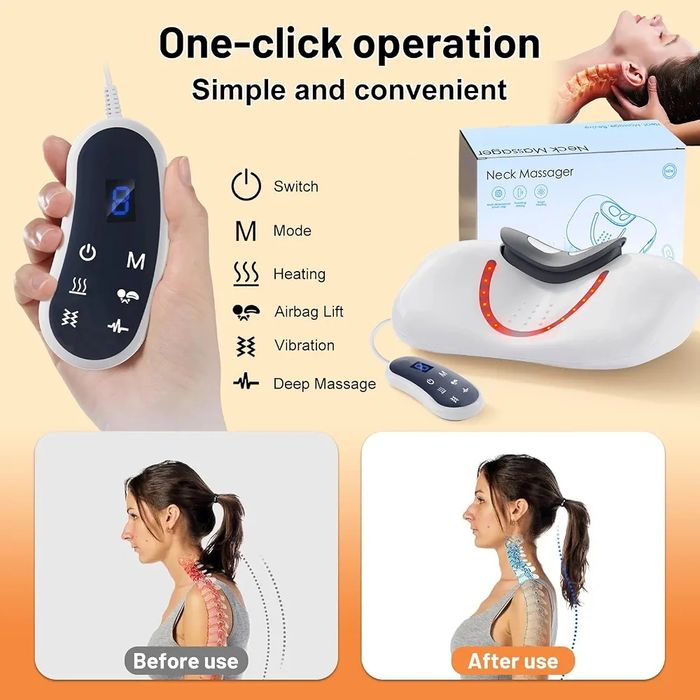 Aparat masaj cervical 3-in-1 EPROICKS: incalzire, vibratii, tractiune, fara fir, USB, 3 moduri, 9 trepte.