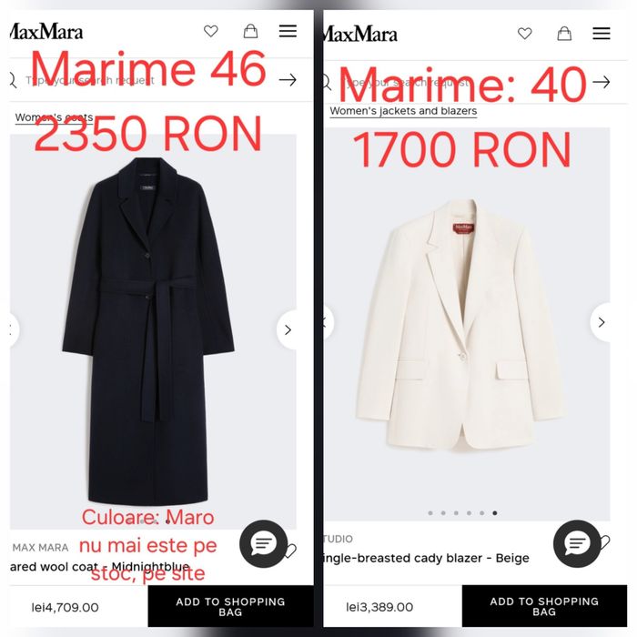 Nou50%REDUS Max Mara Palton, camasa, fusta, blana, geaca