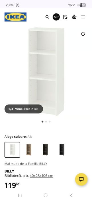 Bibliotecă BILLY  Ikea, alb, 40x28x106 cm 
Bibliotecă, alb, 40x28x106