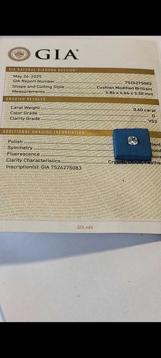 ДИАМАНТ ЗА ГОДЕЖЕН ПРЪСТЕН 0.60ct | GIA Сертификат | Цвят D (Най-висок клас)