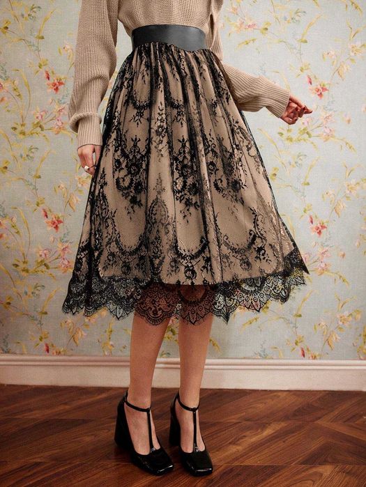 Пола дантела, Миди пола, Черна дантелена пола, Елегантна пола